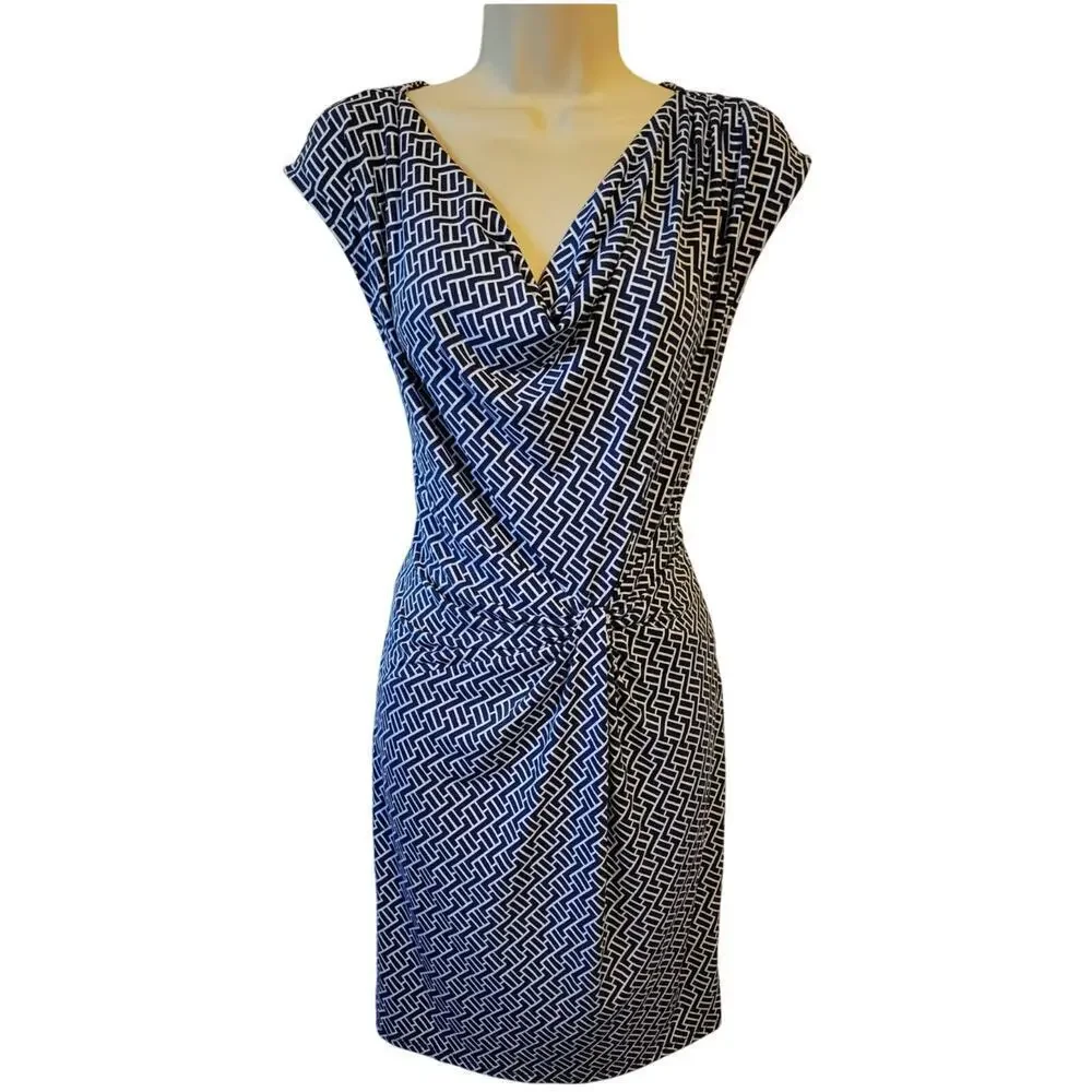 Michael Kors Navy and White Geometric Print Stretchy Cowl Neck Dress size Small